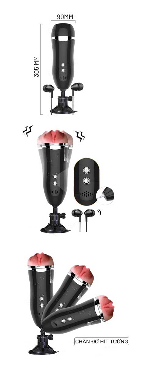 Âm đạo giả gắn tường rung rên JIUAI pin sạc, có plug cắm tai nghe